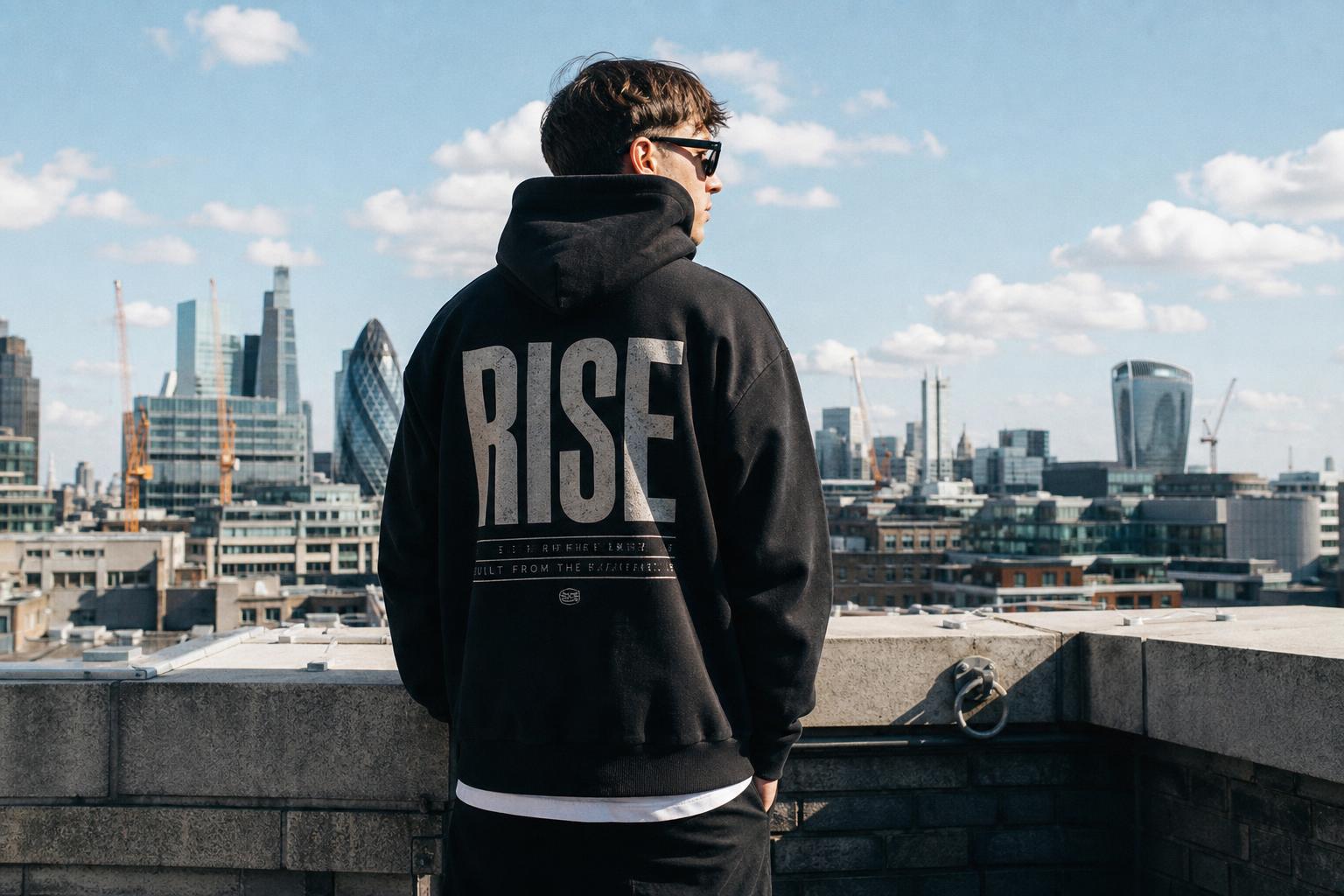 Figure in RISE hoodie on a city rooftop in bright daylight